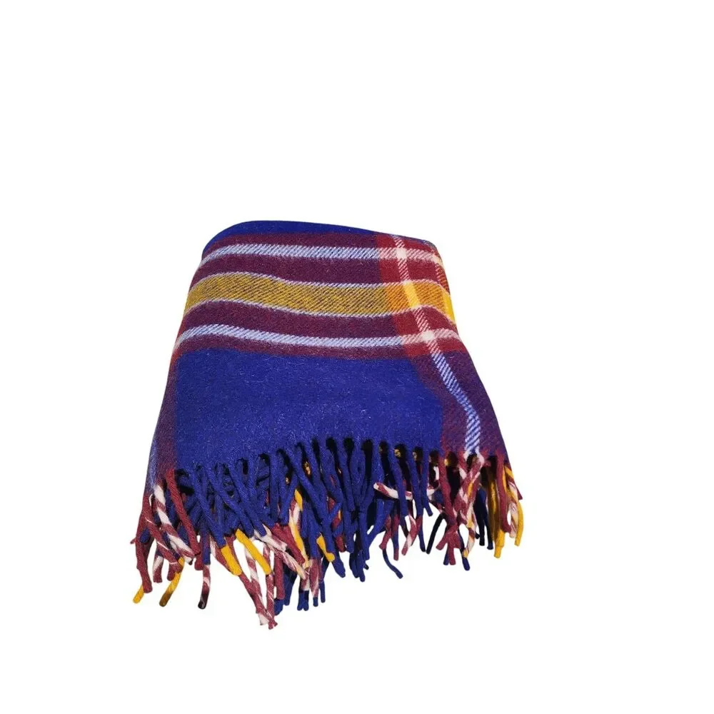 Vintage Woolcraft Robe Plaid Wool Blanket‎ Blue Burgundy Yellow Fringe 66x55